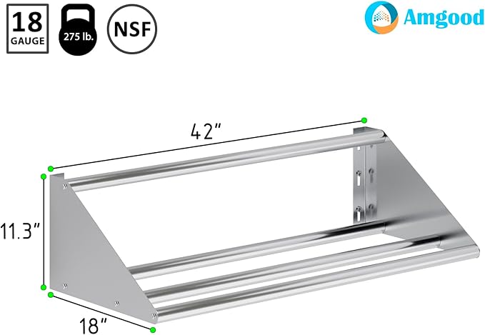 AmGood 42 in. Stainless Steel Tubular Glass Rack Shelf. Holds 2 Dish Racks. NSF.