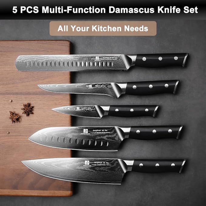 5-Piece Damascus Chef Knife Set: High Carbon Stainless Steel, Professional Ultra Sharp Kitchen Knives Set with Ergonomic Black Handle - Chef/Santoku/Paring/Bread/Brisket/Boning Knives in Gift Box