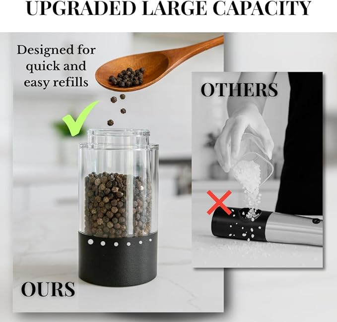 Electric Salt and Pepper Grinder Set - Automatic 3A Battery Pepper Mill Shakers - Upgraded Adjustable Coarseness with Led & Large Capacity - Built-in LED Light - 2 Pack