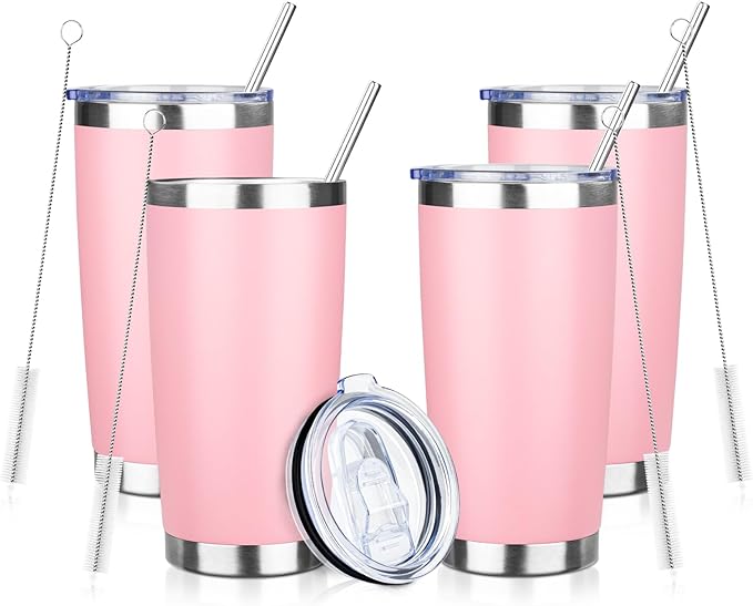 ATIKZHE 20oz Tumbler with Straw and Brush, Stainless Steel Vacuum Insulated tumbler, Double Wall Insulated Coffee Tumbler for Outdoor, Home, Travel,Office (Light pink,4pcs)