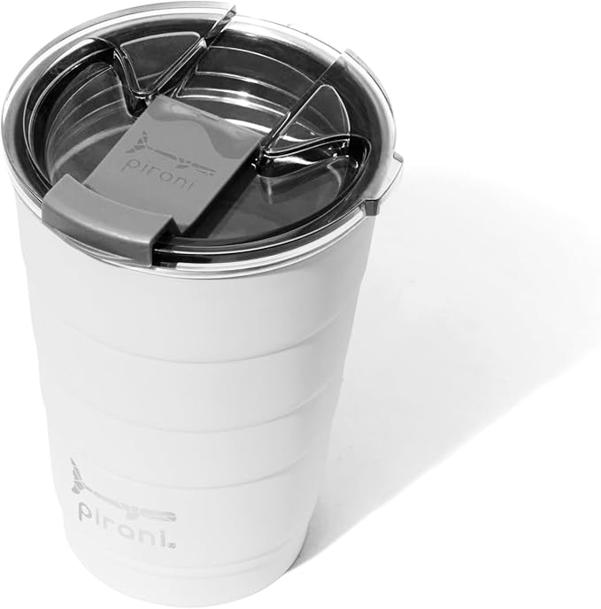 Pirani 16oz Insulated Stackable Tumbler - Skinny-Wall Triple Vacuum Insulation Cup with Version 2.0 Air-Tight, Screw-On Lid Lid - Space Saving Design - Great White