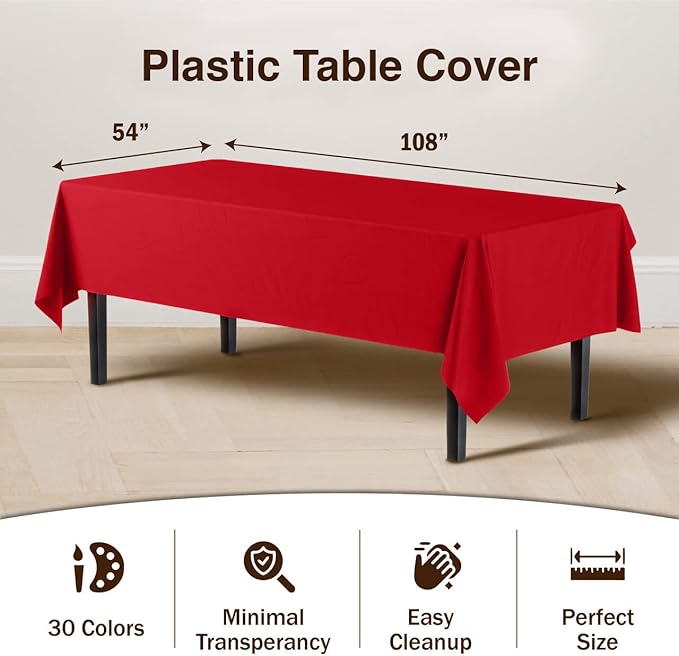 Party Solids Pack Of 6 Premium Plastic Tablecloth 54 Inch x 108 Inch Rectangle Plastic Table Cover - Red
