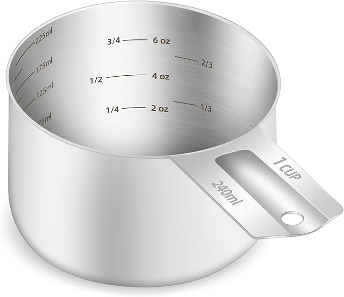 BERYLER 1PCS 1Cup (240ml, 8oz) Single Measuring Cup, Etched Inner Scale Stainless Steel Measure Scoop, Metric and US Measurement, Dishwasher Safe