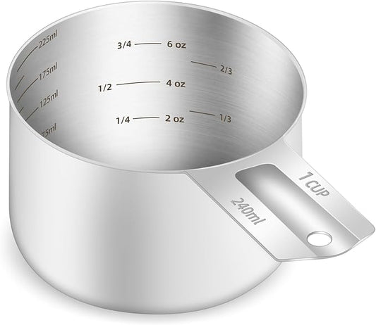 BERYLER 1PCS 1Cup (240ml, 8oz) Single Measuring Cup, Etched Inner Scale Stainless Steel Measure Scoop, Metric and US Measurement, Dishwasher Safe