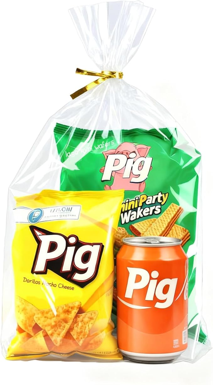 PigPotParty Cellophane Bags 12"x16", 50 Pack Clear Gift Bags, Bottom Gusset for Stand-Up Display, Medium Plastic Cellophane Gift Wrap, Ideal for Large Goodies, Treats, Favors, Mugs, Includes 50 Ties