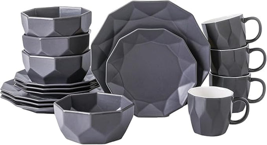 Stone + Lain Jamie Porcelain 16-Piece Geometric Dinnerware Set, Grey