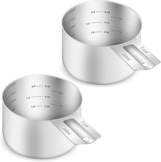 BERYLER 2PCS 1Cup (240ml, 8oz) Single Measuring Cup, Etched Inner Scale Stainless Steel Measure Scoop, Metric and US Measurement, Dishwasher Safe