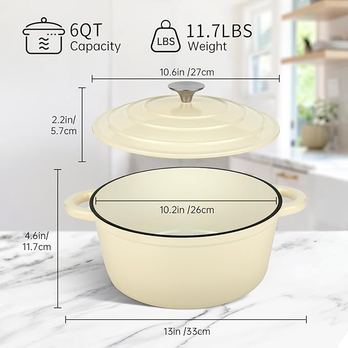 6 Quart Enameled Cast Iron Dutch Oven Pot with Lid and Silicone Accessories, Oven Safe up to 500째F or on Stovetop, Non-stick Dutch Oven for Bread Baking, Cooking, Dual Handles Cookware, Beige