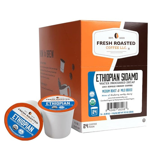 Fresh Roasted Coffee, Organic Ethiopian Sidamo Water-Processed Decaf | USDA Organic, 100% Single Origin, Kosher | Medium Roast 24 Pods for K Cup Brewers