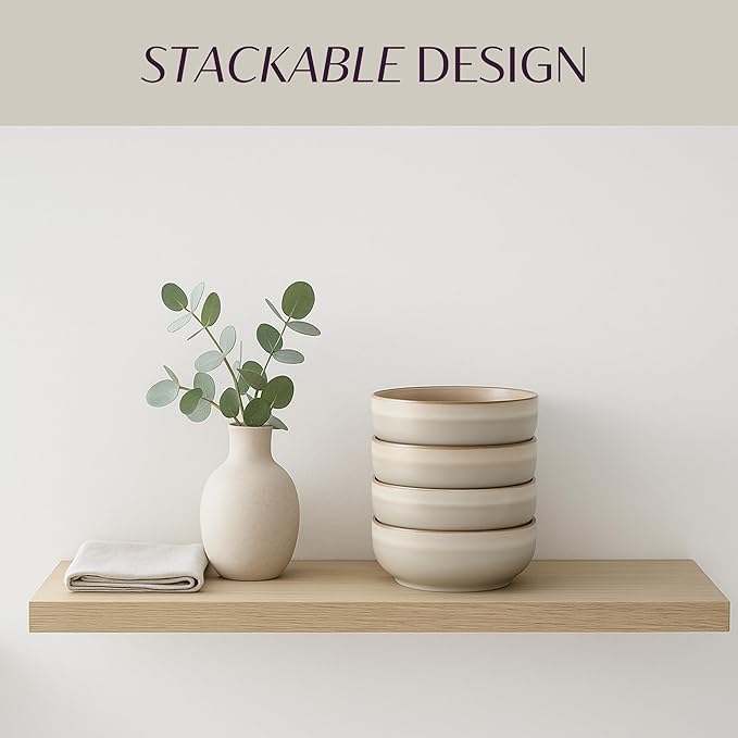 Ceramic Cereal Bowls Set of 4-21 oz Stoneware Bowls for Soup, Salad, Dessert or Ice Cream - Stackable, Dishwasher & Microwave Safe, Small Rustic Bowls for Kitchen -Terracotta/Reactive Glaze