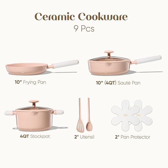 CAROTE Pots and Pans Set Nonstick, Ceramic Cookware Set, Pink Cooking Set Kitchen Induction Set with Steamer, PFAS PTFE Free,9 Piece