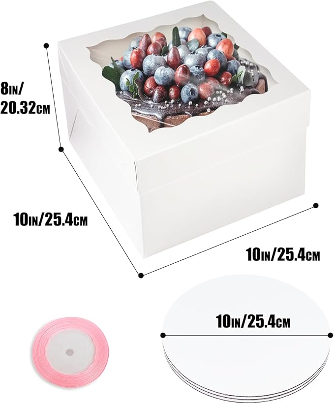 qiqee White 10x10x8 Cake Box, 18 Sets Cake Box with Window 竊?18 Sets 10" Cake Round Boards, 10inch Cake Containers, 10 Meters Pink Silk Ribbon Includes