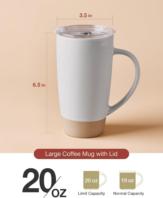 famiware Milkyway Coffee Mug, 20oz Large Coffee Mug, Ceramic Mug with Lid, Tea Cup with Handle for Latte, Tea, Cocoa, Milk, Home & Office, Light Gray