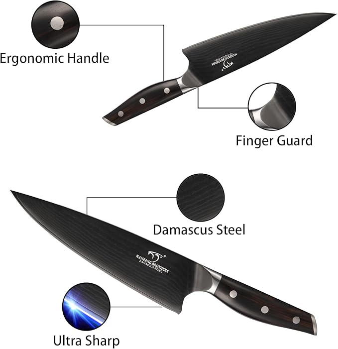 7-Piece Damascus Knife Set with Wood Block - Black Titanium Coated Kitchen Knives for Professional Chefs & Home Cooking | Ultra Sharp Chef Knife Set with Kitchen Shears