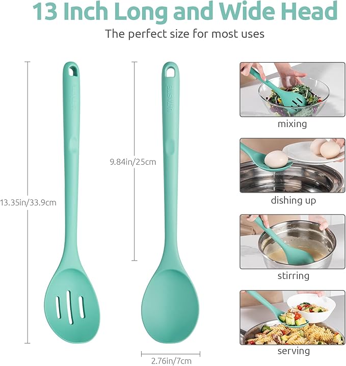 600쨘F Heat Resistant Silicone Spoons: U-Taste 13.3in Solid & Slotted Kitchen Cooking Tool, Nonstick Long Rubber Utensil, Sturdy for Mixing, Serving, Stirring, Frying, Basting (Aqua Sky, 2PCS)