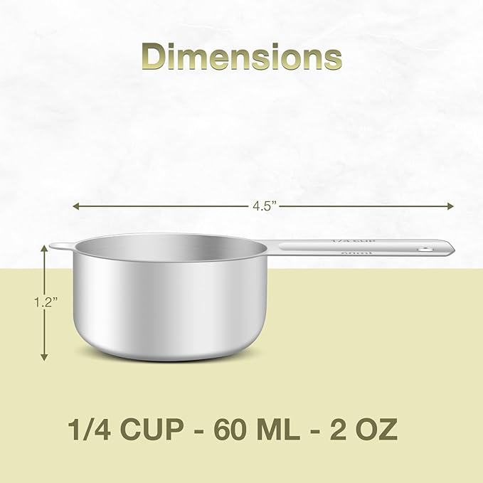 BERYLER 2PCS 1/4Cup (60ml, 2oz) Single Measuring Cup, Etched Inner Scale Stainless Steel Measure Scoop, Metric and US Measurement, Dishwasher Safe