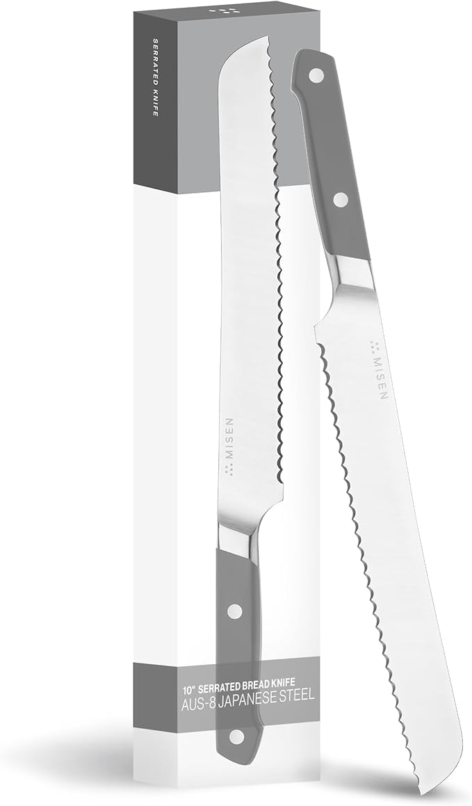 Misen Serrated Bread Knife ??High-Carbon Japanese AUS8 Steel ??Effortless Slicing of Bread, Pastries, and Fruits ??Razor-Sharp Edge and Durable Blade with Ergonomic Handle - 10", Gray