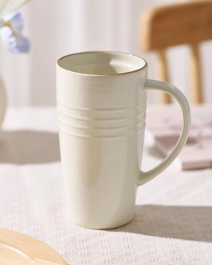 famiware Jupiter Large Coffee Mug, 20oz Coffee Mug with Lid, Ceramic Mugs Set of 2, Cup Set with Handle for Latte, Tea, Cocoa, Milk, Home & Office, Microwave and Dishwasher Safe, Vanilla White