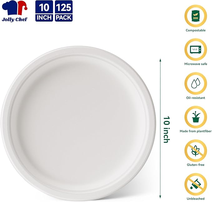 JOLLY CHEF Compostable Heavy Duty Plates ?윮?윭 ?뿙?뿻?뿰?뿵 [?윮?윯?윶 ?뿣?뿮?뿰?뿸] Eco-Friendly Disposable White Paper Plates Made of Bagasse Biodegradable for Party Dinner Sugarcane Fibers Thanksgiving Day
