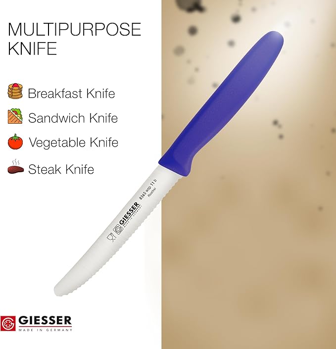 Giesser since 1776, Made in Germany, Serrated kitchen knives round tip dishwasher safe 4.5 inch - Tomato knife, Steak knive set of 6 (Blue)