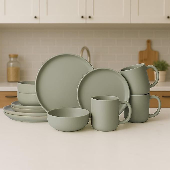 Furrnook 12-Piece Stoneware Dinnerware Set with Mugs | Microwave and Dishwasher Friendly | Stackable Matte Glaze Plates & Bowls | Service for 3 (Green for 3)