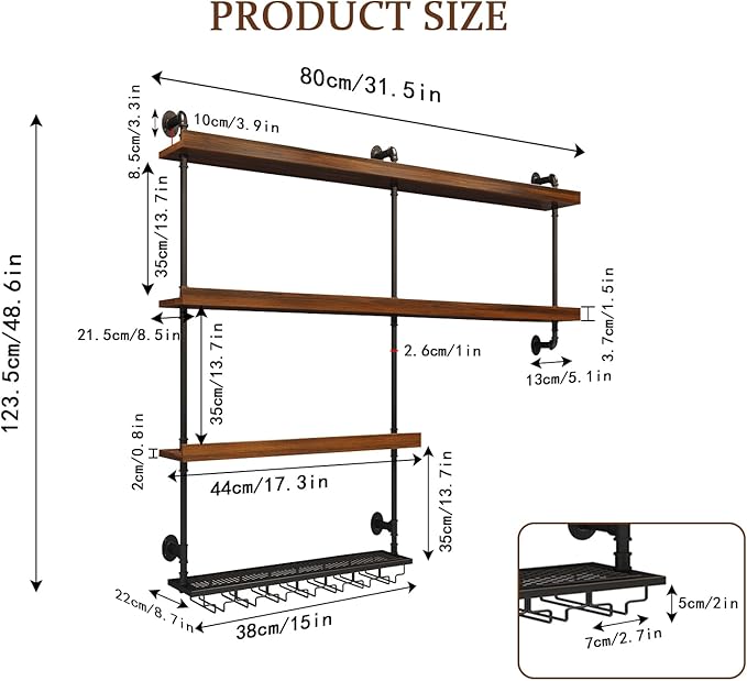 31.5in Large Solid Wood Wine Rack Wall Mounted, Wall Bar Shelves for Liquor Bottles with LED Light, 4 Tier Wine Glass Rack Capacity Liquor for Bar Living Room Dining Room Kitchen Cafe (31.5in/80cm)