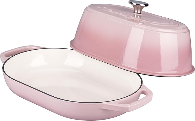 Enameled Cast Iron Dutch Oven Pot with Dome Lid, Oval Bread Oven for Homemade Sourdough Bread Baking, Oven Safe up to 500째F, 6 Quart, Pink