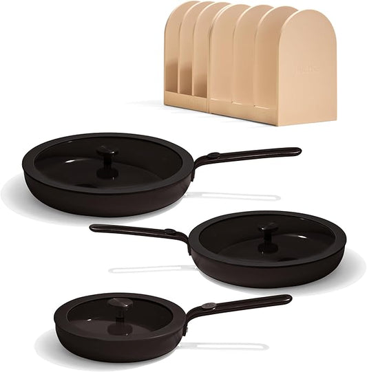 Our Place 8-Piece Essentials Complete Cookware Set - Ceramic Fry Pan Trio & Modular Rack Storage | Nontoxic Thermakind??Nonstick, Oven Safe up to 450째F & Compatible with All Cooktops | Char
