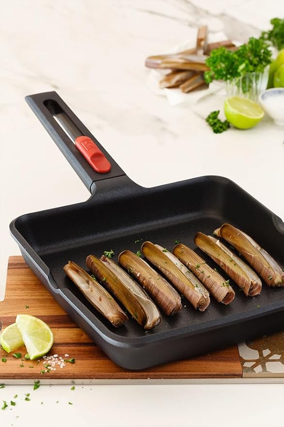 BRA COOKWARE Infinity Nonstick Ribbed Grill Pan (11x11 Inch) | Cast Aluminum Searing Skillet | PFOA/PFAS Free Square Griddle | All Cooktops (incl Induction) Grilling Skillet | Removable Handle