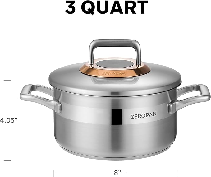 Hybrid Nonstick 3-Quart Stockpot,8 Inch Stainless Steel Stockpot with Lid,Non-stick Soup Pot,PFAS PFOA PTFE Free,Dishwasher-Friendly, Oven-Safe Up to 600째F,Compatible with All Cooktops