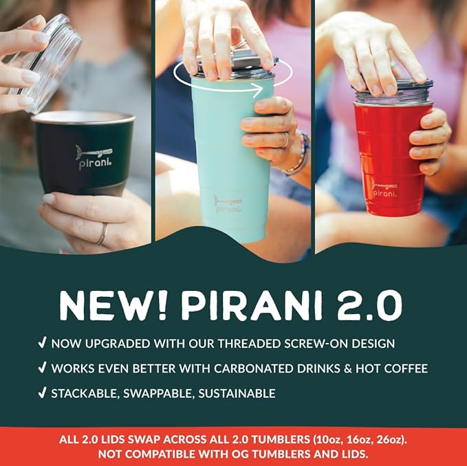 Pirani 16oz Insulated Stackable Tumbler - Skinny-Wall Triple Vacuum Insulation Cup with Version 2.0 Air-Tight, Screw-On Lid Lid - Space Saving Design - Coral