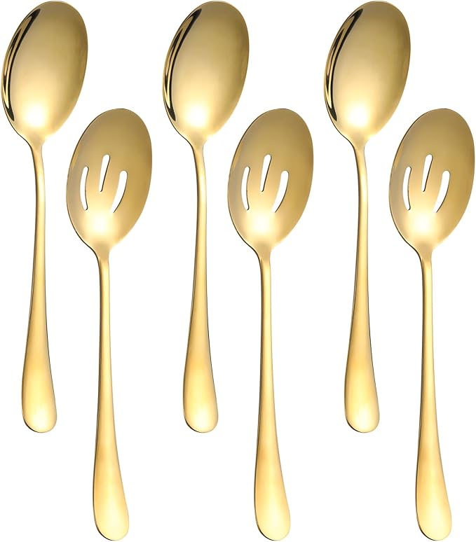 12-Piece Serving Set, 6 Serve Spoon & 6 Slotted Spoon, 8.7-Inch Stainless Steel Banquet Spoons, Large Utensils for Kitchen, Gold