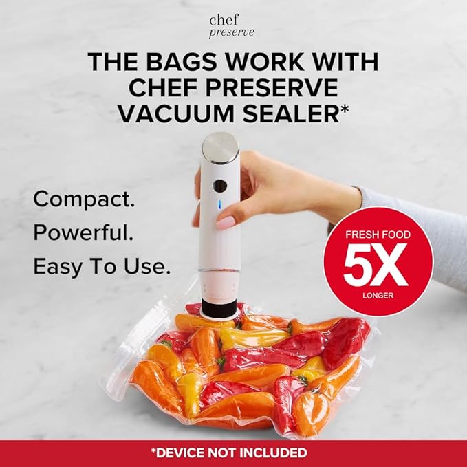 Chef Preserve Reusable Vacuum Sealer Bags for Food ??30 BPA-Free Medium (10 x 11 in) Food Storage Bags, Freezer, Microwave ??Odor-Resistant, Leak-Proof ??Compatible with Chef Preserve Vacuum Sealers