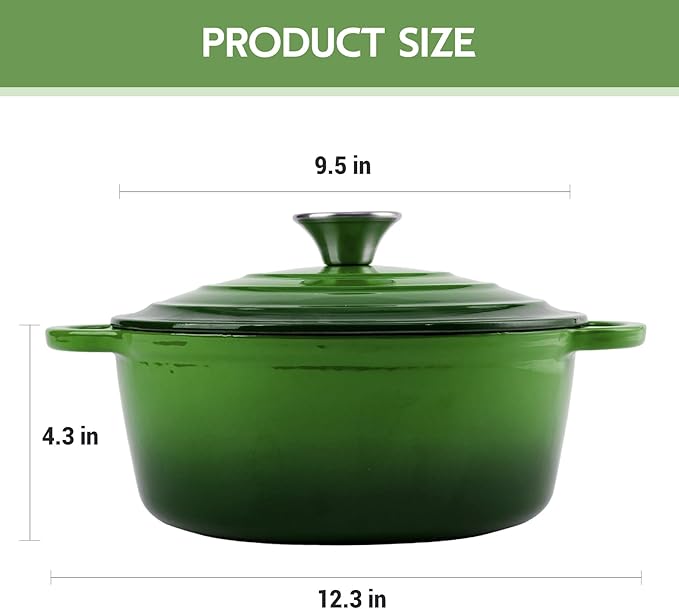 4.5 Quart Dutch Oven Enameled Cast Iron with Lid - Big Dual Handles - Oven Safe up to 500째F - Classic Round Pot for Versatile Cooking Green