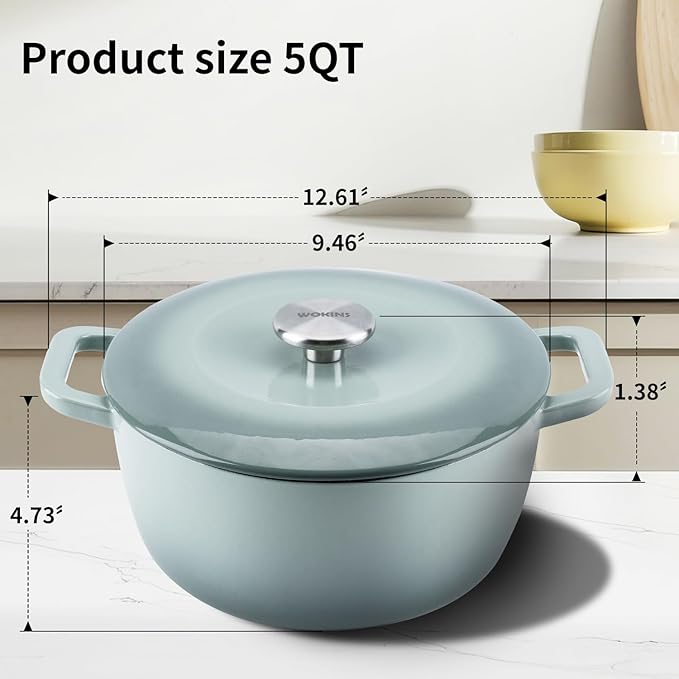 Enamel Cast Iron Dutch Oven with Lid,Dual Handles,Heavy-Duty Cookware for Sourdough Bread Baking,Braising,Stews,Roasting,Oven Safe up to 500째 F,5QT,green