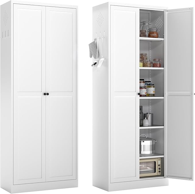 72 inch Tall Kitchen Pantry Cabinet, Metal Food Pantry Cabinet, Pantry Storage Cabinet with 5 Adjustable Shelves and 2 Doors, Utility Cupboard for Kitchen Laundry Living Room Bathroom, White