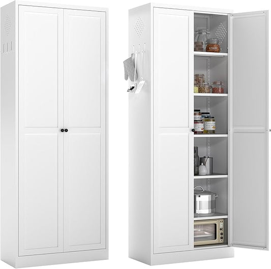 72 inch Tall Kitchen Pantry Cabinet, Metal Food Pantry Cabinet, Pantry Storage Cabinet with 5 Adjustable Shelves and 2 Doors, Utility Cupboard for Kitchen Laundry Living Room Bathroom, White