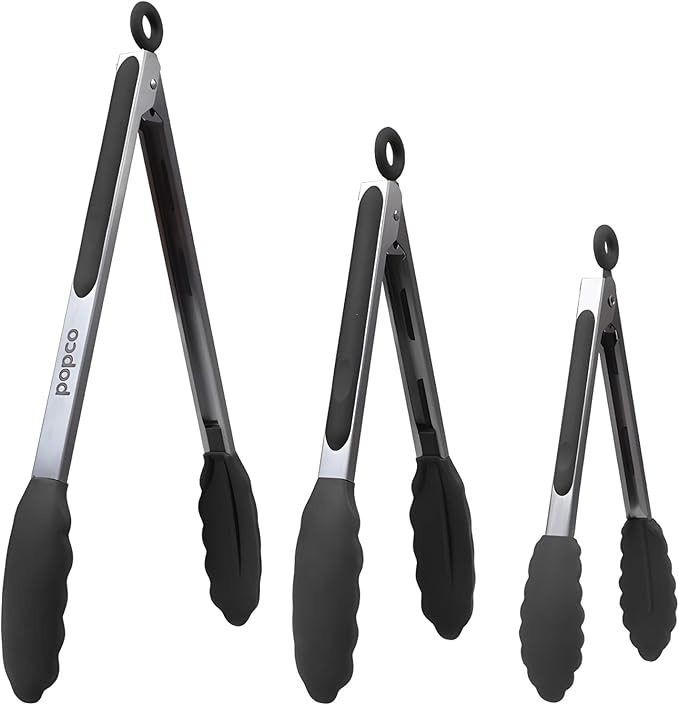 Popco 3-Piece Kitchen Tongs Set ??Stainless Steel Heat Resistant Silicone Tips, Strong Comfort Grip, 3 Sizes (7, 9, 12 Inch), Non-Scratch, Dishwasher Safe, for Cooking, BBQ, Salad