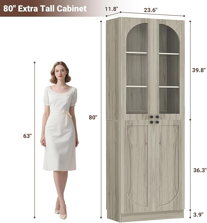 Cyclysio 80" Kitchen Pantry Cabinet, Tall Arch Storage Cabinet with Glass Doors, Freestanding Wood Floor Cupboard Bookcase with Seamless Fit Wall for Dining Room, Living Room, Bathroom (Ash Grey)