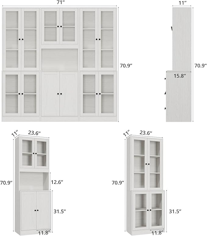 TUSY 71'' Tall Pantry Cabinet, Kitchen Hutch Storage Cabinet, Buffet Hutch Set of 3, China Cabinet with Glass Doors, 5-Tier Storage Cabinets for Dining Room, Living Room (White)