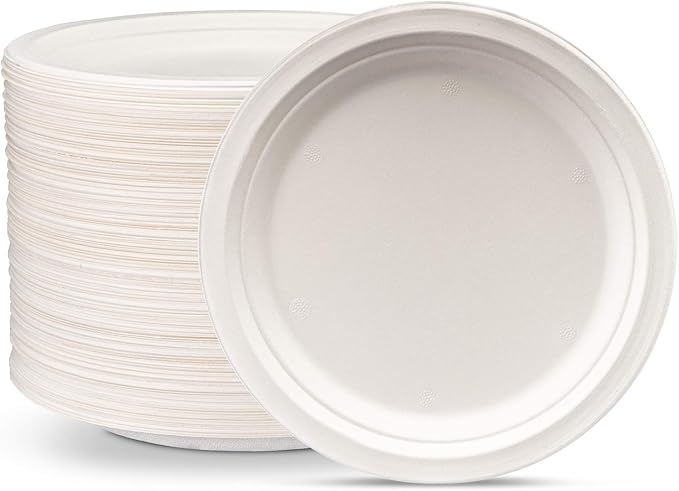 GUSTO [9 Inch - 125 Pack Heavy Duty White Paper Plates, 100% Compostable, Eco-Friendly - Biodegradable Disposable Plates, Sugarcane Paper Plates (Formerly Comfy Package)