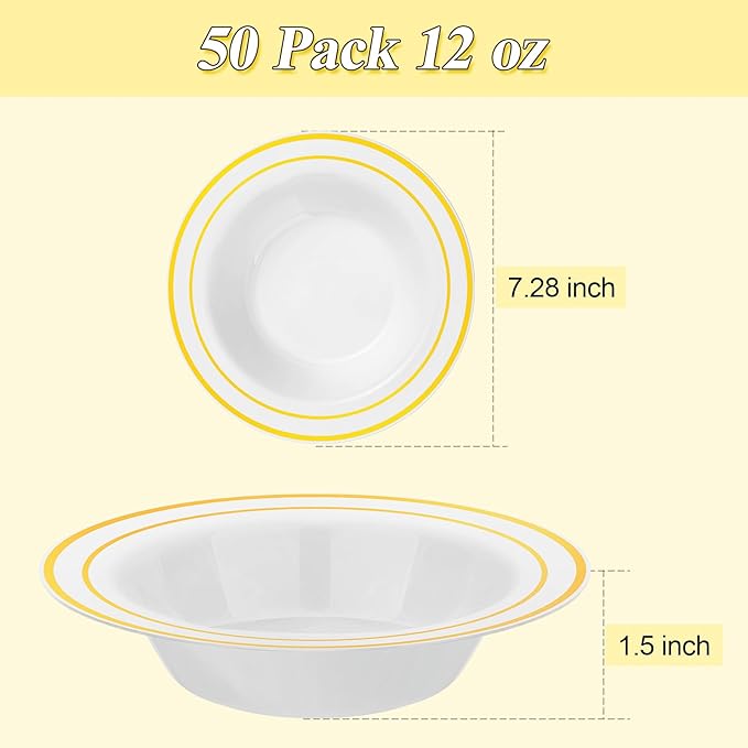 BESTSTAR 50 Pack Disposable Soup Bowls with Gold Rim, 12oz Premium Heavy Duty Plastic Dinner Bowls for Party, Wedding and Holiday