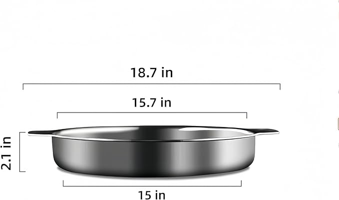 Stainless steel circular Roasting Pan for Oven or frying pan,Suitable for all heat sources,Toaster Oven Tray Pans,Hotel Pan,heavy-duty stainless steel with handle,Dishwasher Safe (W:18.7in;H:2.1in)