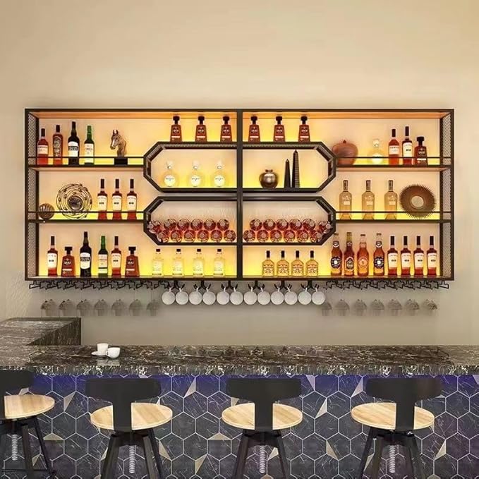 4-Tier Wine Rack Wall-Mounted & 59Inch Large Bar Shelf for Liquor Bottles, Black Metal Storage for Wine and Liquor Bottles in Home Bars or Dining Rooms (No Lighting, Right)