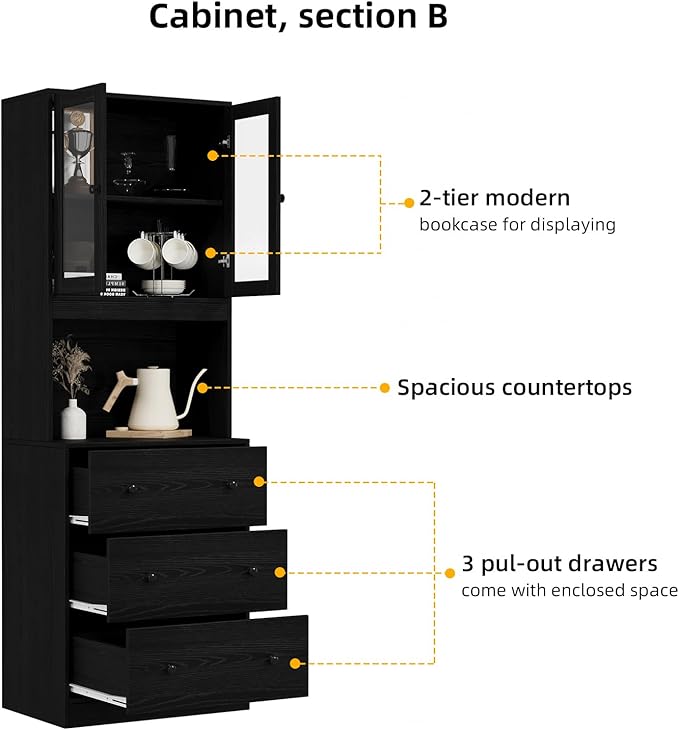 VOWNER 4PCS Bookshelf and Bookcase, 5-Tier Modern Bookshelves with 3 Large Drawer, Glass Display Cabinet with Lager Storage Shelf, Combination Storage Shelves for Home Office (Black)