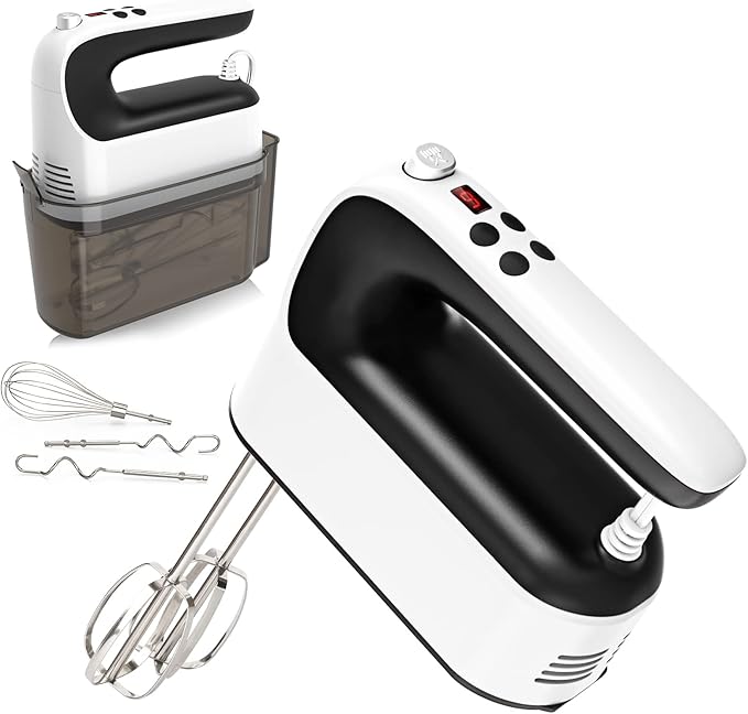 9-Speed Digital Hand Mixer Electric, 400W Powerful DC Motor, Baking Handheld with Snap-On Storage Case, 5 Stainless Steel Accessories, Flat Beaters, Dough Hooks, Whisk(White/Black)