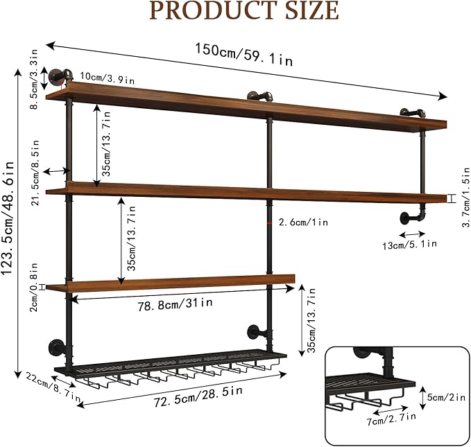 59.1in Large Wine Rack with LED Light, 4 Tiers Solid Wood Wall Mounted Wine Rack, Industrial Liquor Bottles Floating Shelves with Glass Holder for Home Bar/Dining Room (59.1in/150cm)