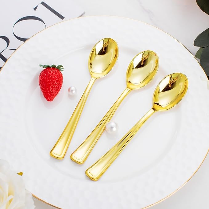 WDF 100 Pack Gold Plastic Spoons Disposable - Durable Heavy Duty 6.9 Inch Gold Spoons, Heat Resistant Modern Disposable Spoons Perfect for Parties, Wedding, Banquets, Valentine's Day