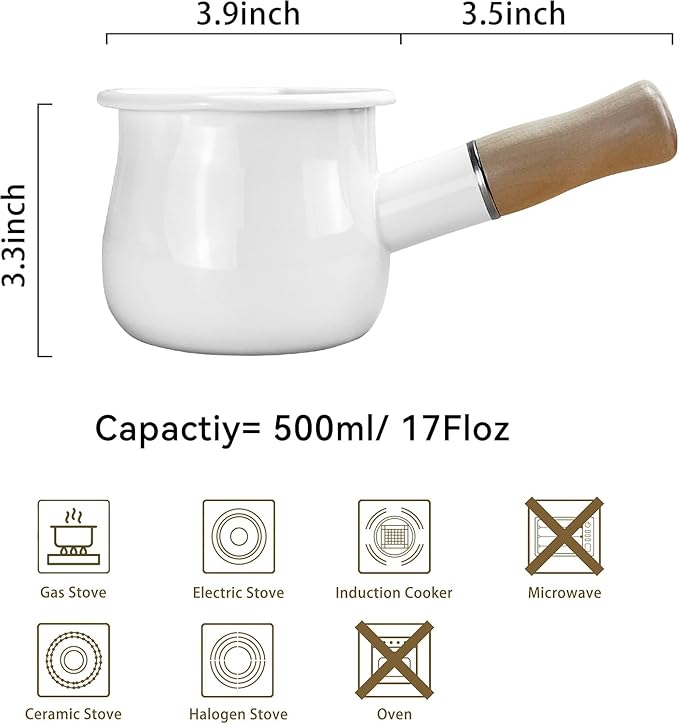 Enamel Milk Pot, Small Saucepan Milk Pot Butter Warmer 4 Inch 17 Oz Enamel Small Sauce Pan with Wooden Handle, Perfect Size for Heating Smaller Liquid Portions. (White）