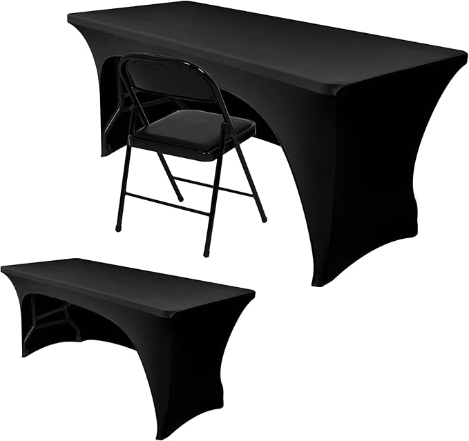 Nasitos 2 Pack Spandex Fitted Black Tablecloth for 4 Foot Tables-Open Back Folding Table Cover Washable Fabric Stretch, Tight and Wrinkle Resistant Table Protector for Trade Show, Craft Show, Events